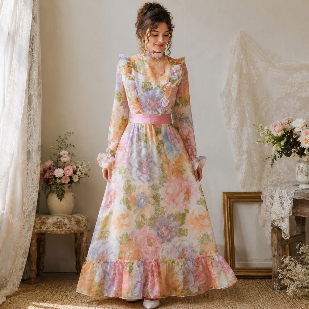 1970s Floral Prairie Maxi Dress, Ruffles Cottagecore Boho Wedding Dress - S